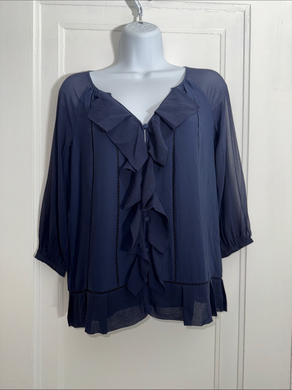 Diane Von Furstenberg Marla Bis Navy Silk Ruffled V-Neck Blouse size 0